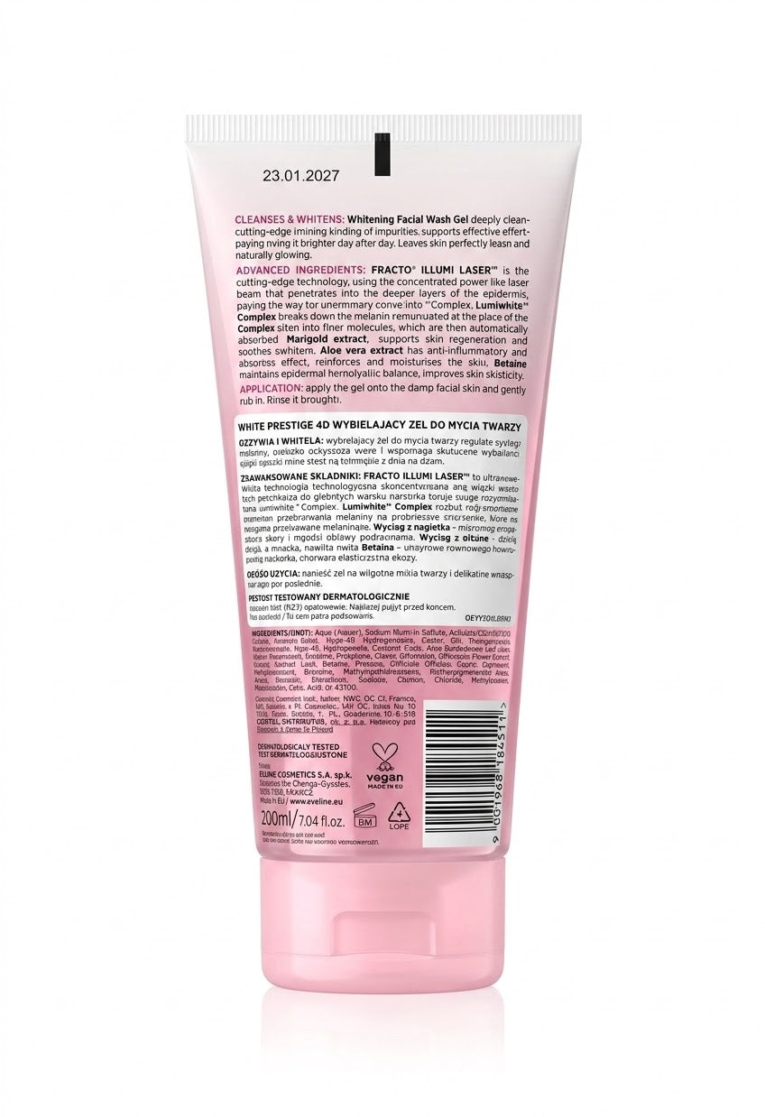 Eveline - White Prestige 4D Whitening Facial Wash Gel - Radiance-Boosting Cleanser with Marigold & Aloe Vera -