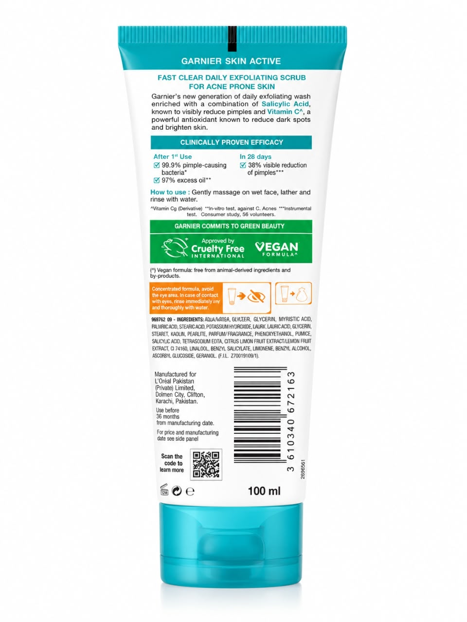 GARNIER  SKIN ACTIVE  FAST CLEAR  FOR ACNE PHONE SKIN  DAILY EXFOLIATING WASH