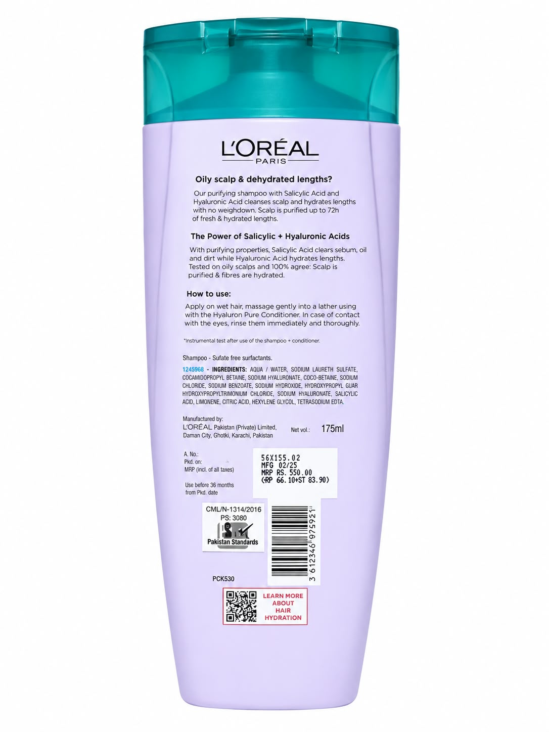 LOREAL PARIS  ELVIVE  HYALURON PURE  72H PURIFYING SHAMPOO  SALICYLIC +HYALURONIC ACID