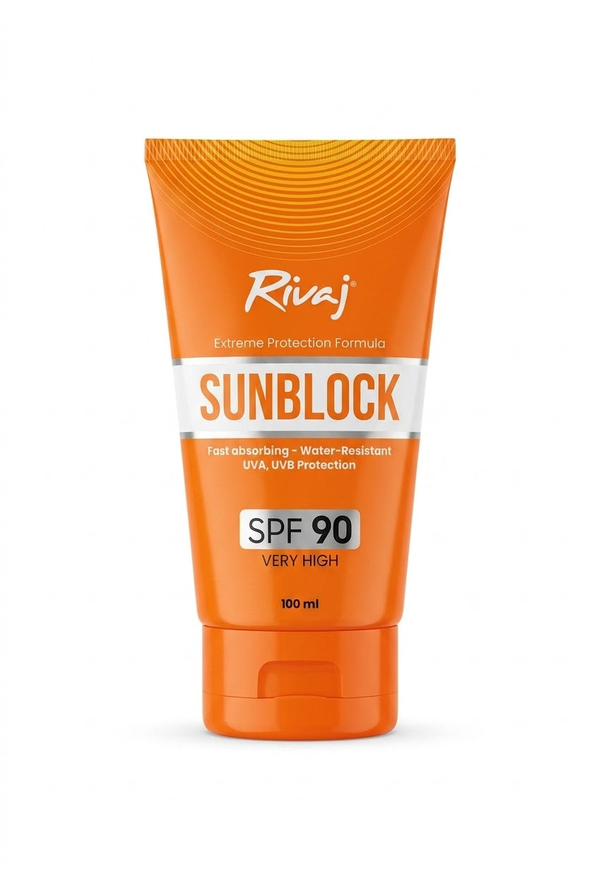 Rivaj  Sunblock  Extreme Protection Formula  Fast absorbing _ Water_ Resistant UVA. UVB Protection  SPF 90