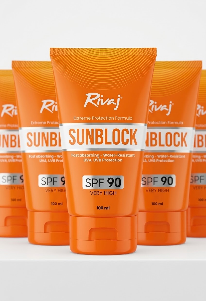 Rivaj  Sunblock  Extreme Protection Formula  Fast absorbing _ Water_ Resistant UVA. UVB Protection  SPF 90