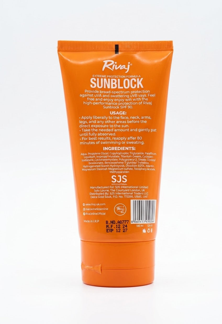Rivaj  Sunblock  Extreme Protection Formula  Fast absorbing _ Water_ Resistant UVA. UVB Protection  SPF 90